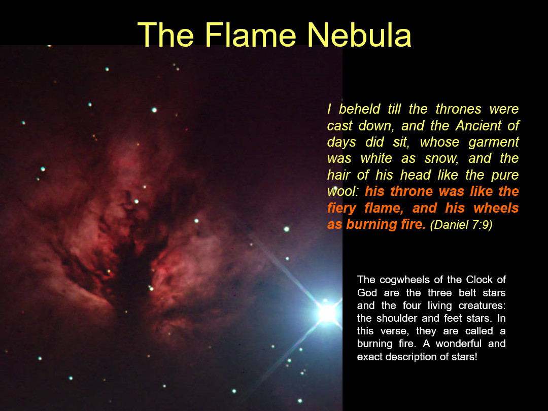An image showcasing the Flame Nebula, a cosmic cloud illuminated in hues of deep red and burgundy. Scattered throughout are points of light representing stars. Overlay text includes a quote from the Book of Daniel describing a vision of grandeur with references to elements resembling the celestial scene. Additional text discusses a metaphorical interpretation of the stars as described in biblical scripture, likening them to elements in a divine clockwork.