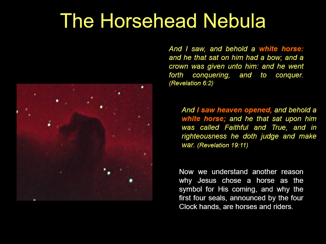 Image of the Horsehead Nebula, depicted as a dark silhouette against a red space background, resembling a horse's head. The image is complemented by biblical verses from Revelation, discussing a white horse involved in cosmic battles.