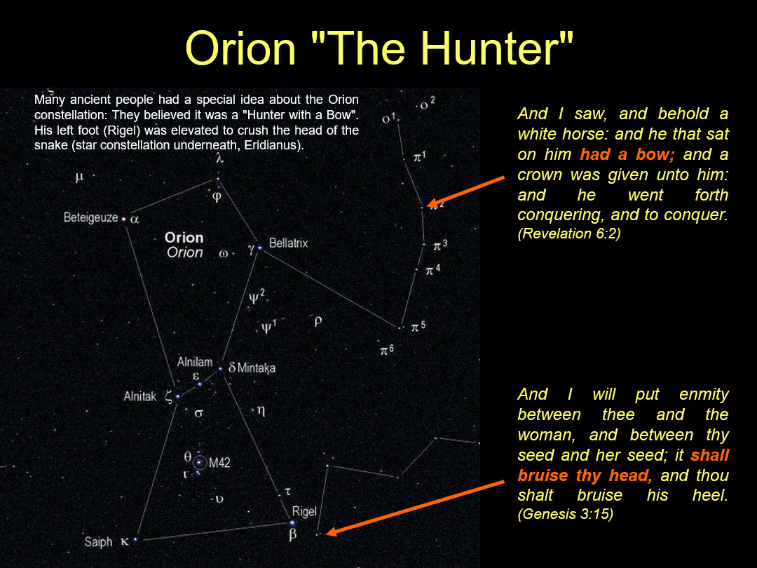 A star map highlighting the constellation commonly referred to as "The Hunter". Features major stars like Betelgeuse and Rigel, and a depiction of the constellation lines forming the shape of a hunter. Includes textual annotations linking the constellation to various biblical prophecies and descriptions, emphasizing its perceived role as a celestial warrior or figure of victory.