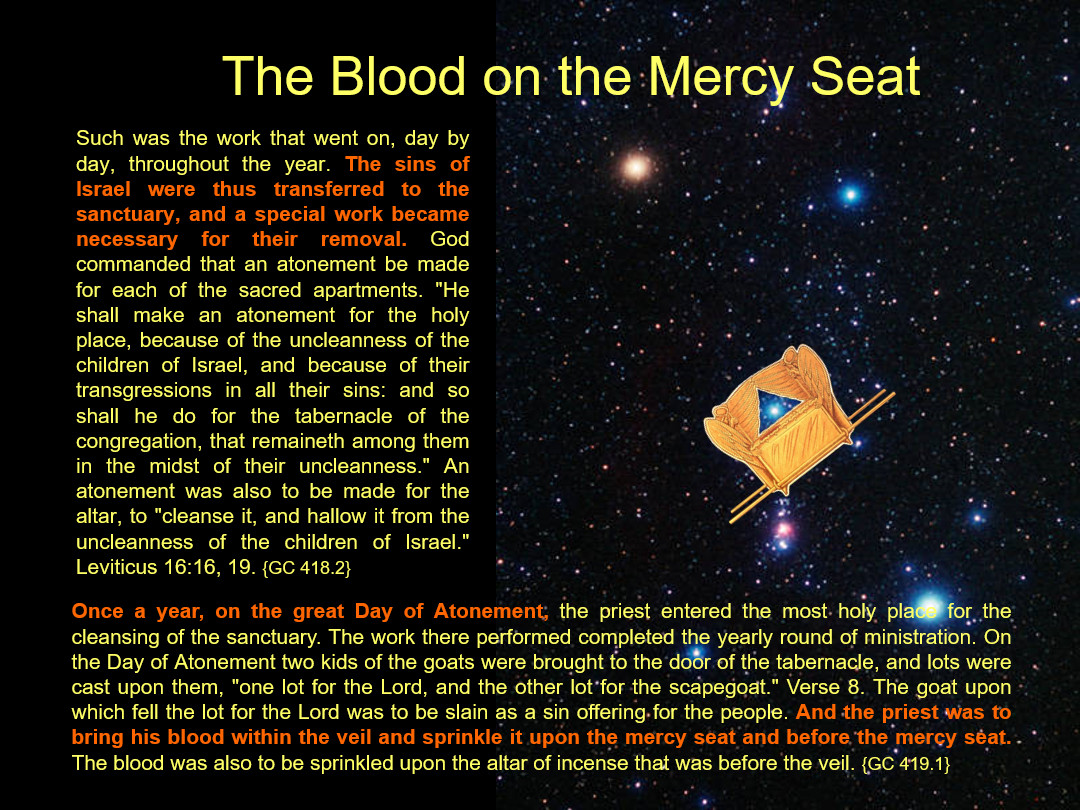 An image featuring a detailed description of biblical atonement practices against a backdrop of a starry sky. To the right, there is an illustration of an ornate golden mercy seat floating among the stars, symbolizing sacred themes set against the universe.