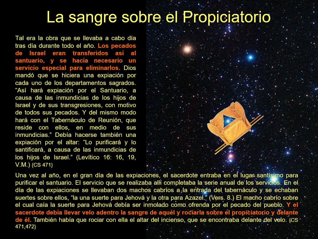 Imagen que combina un texto bíblico en español en el lado izquierdo y una representación gráfica del Propiciatorio, un artefacto bíblico, sobre un fondo de estrellas y cuerpos celestiales en la parte derecha. El texto discute rituales de expiación en el contexto de tradiciones antiguas, y la ilustración simula una conexión entre los mandamientos y la creación celestial.