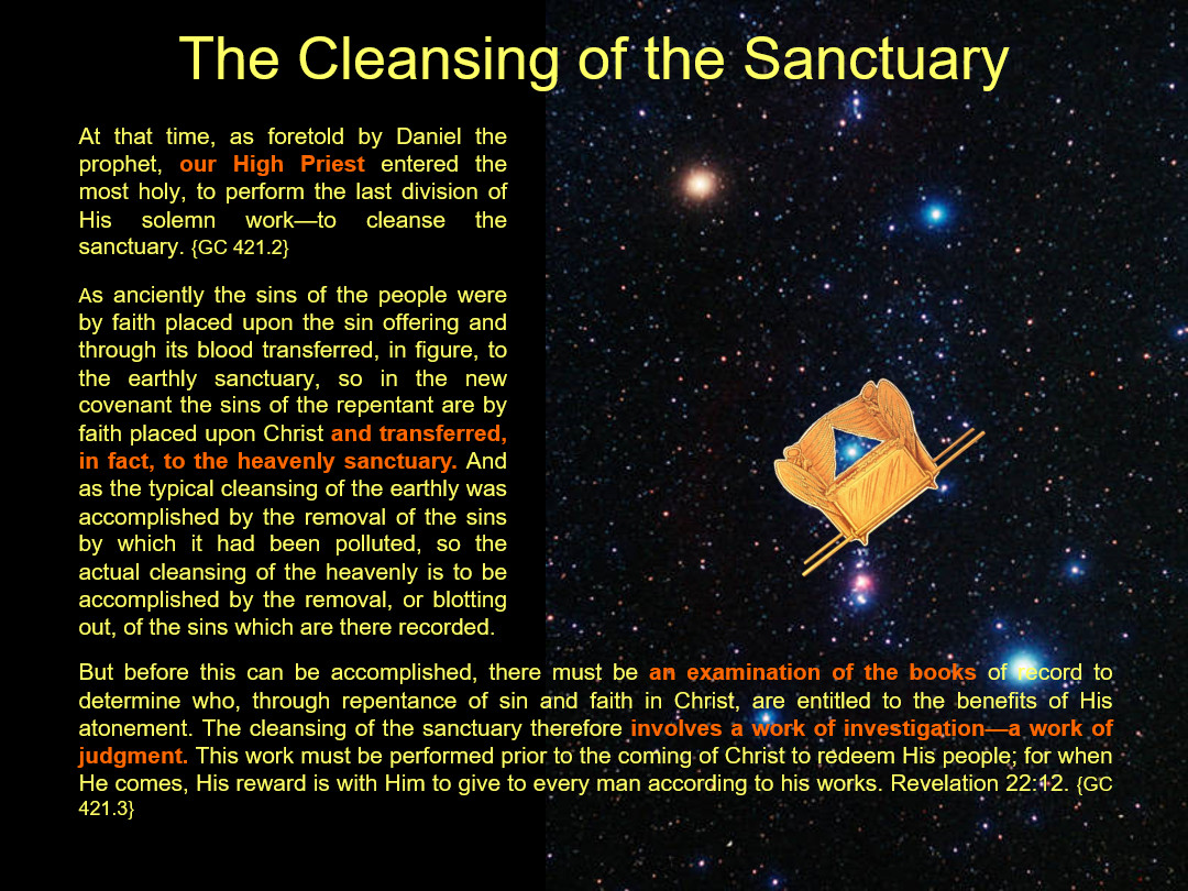 A digital graphic showing a celestial background dotted with stars and galaxies, overlaying this is a central text titled "The Cleansing of the Sanctuary" followed by a detailed description related to biblical prophecies. On the right, there is an illustration of an ornate golden chest, possibly representing the Ark of the Covenant, against the starry space backdrop.