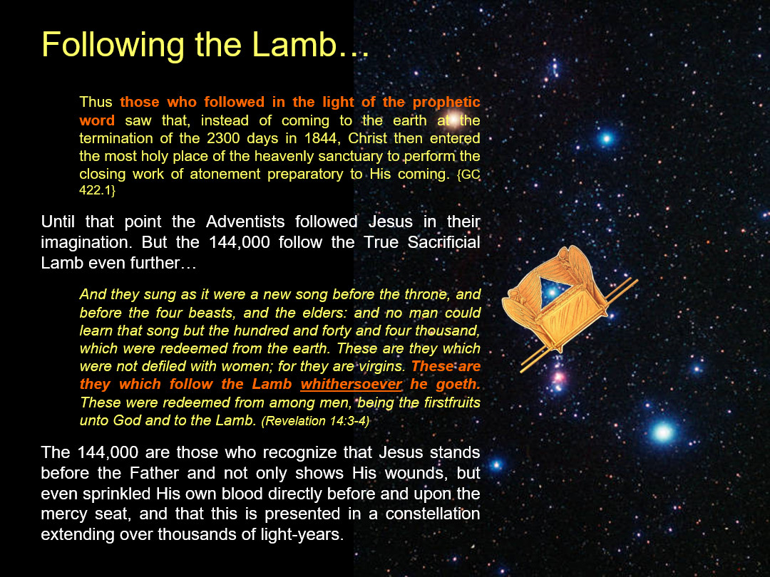 This image features a celestial background scattered with stars overlaid by a golden arc with a blue window pane inside it, suggesting themes of guidance and prophecy. To the left is text discussing the biblical theme of following the "Lamb," which connects to Revelation's narrative. The text is excerpted from religious writings and speaks about the prophetic interpretation of a visionary theological scope.