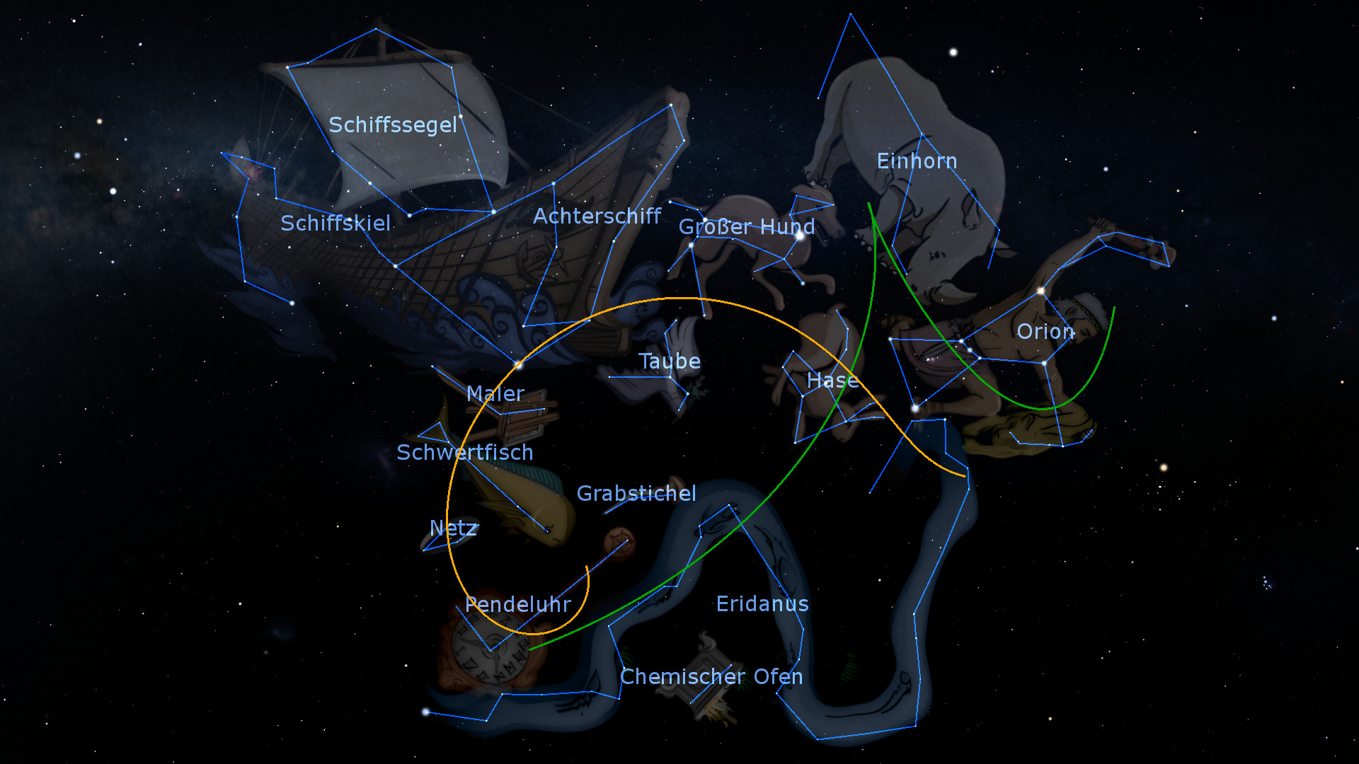 Sternenklare Nacht mit Darstellungen verschiedener Elemente des Mazzaroth, einschließlich Schiffsteilen, Tieren und astronomischen Geräten, überlagert mit Verbindungslinien zwischen den Sternen, um deren Formationen zu kennzeichnen.