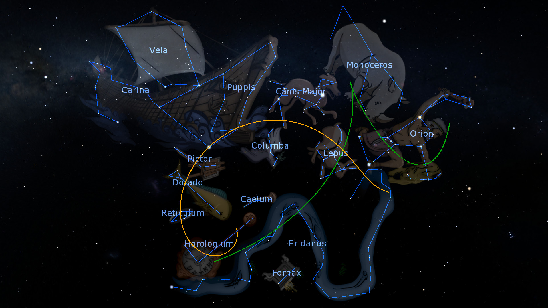 A digital depiction of a starry night sky showcasing various constellations with outlined illustrations and names. Notable celestial formations include Orion, Canis Major, and Carina among others, interconnected by lines forming a network representing the Mazzaroth.