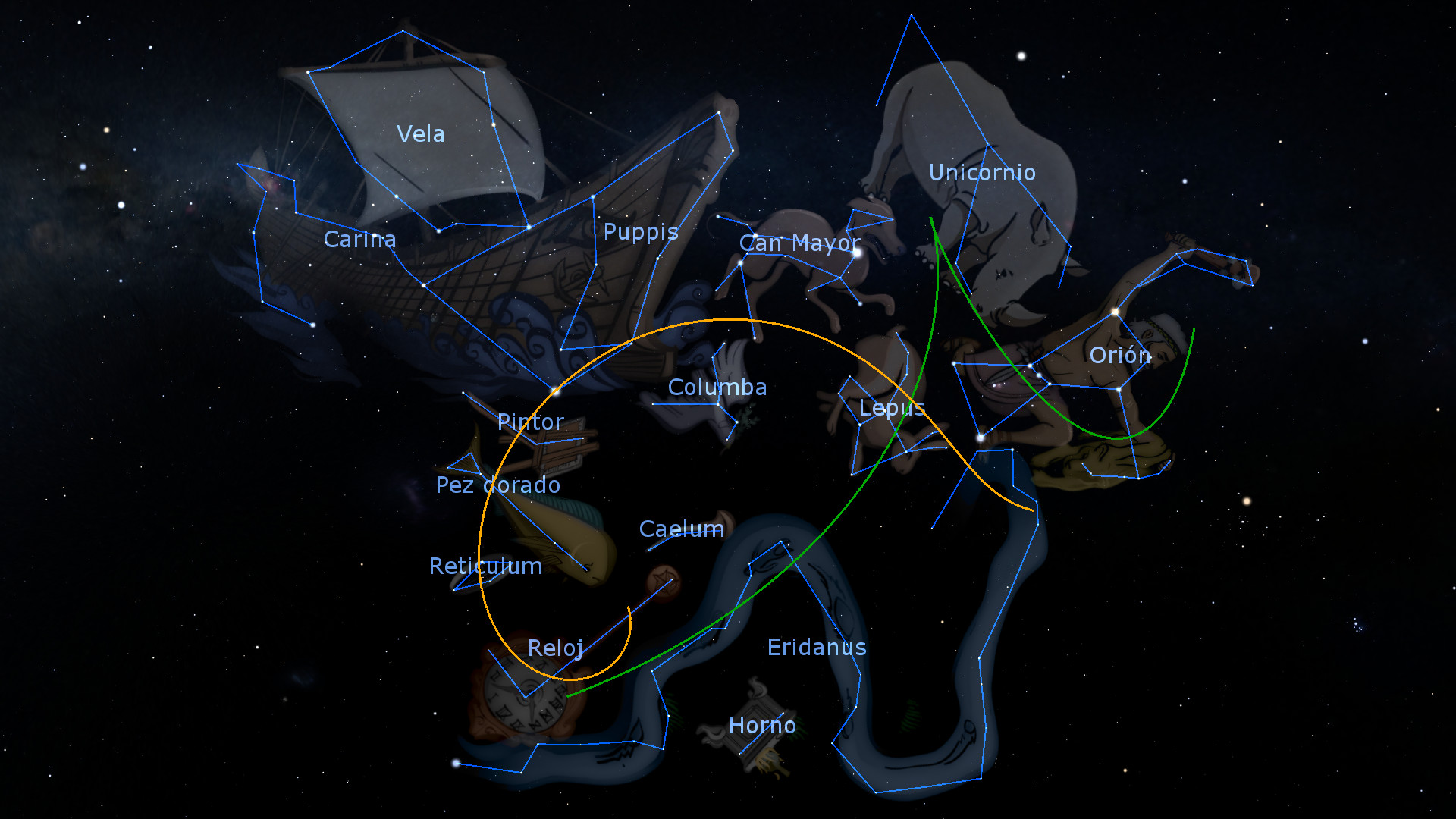 Imagen que muestra una representación de constelaciones como estructuras conectadas por líneas, superpuestas en un fondo de estrellas brillantes en el espacio. Las constelaciones están etiquetadas con nombres que incluyen Vela, Carina, Puppis, Can Mayor y Orión, entre otros, y están delineadas para resaltar formas que se asemejan a barcos, animales y otros objetos.