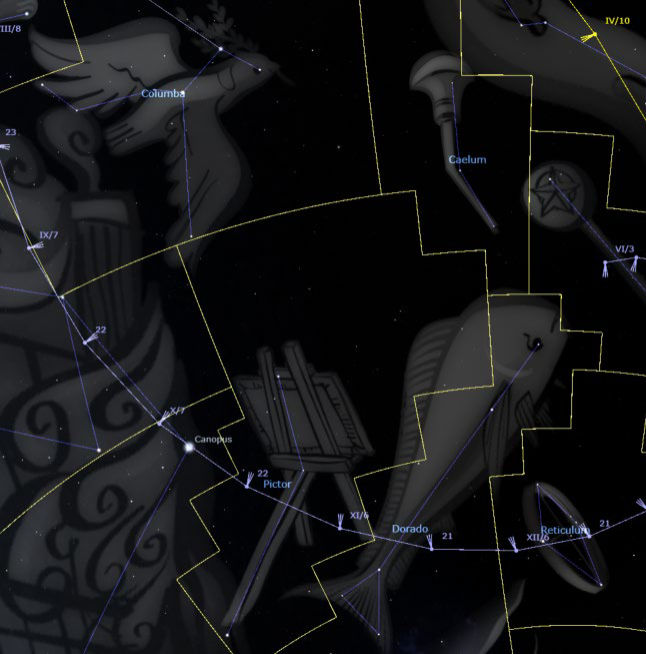 Una ilustración estilizada que representa varias constelaciones celestes, con objetos astronómicos identificados, conectados por líneas sobre un cielo estrellado oscuro. Se incluyen herramientas y elementos celestes, proyectados sobre el cielo nocturno, lo que refleja un enfoque científico para el estudio del firmamento.