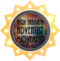 A circular emblem surrounded by a bright star-shaped border with light bulbs, featuring an inner space-themed background and the text "High Sabbath Adventist Movement" in multi-colored letters.