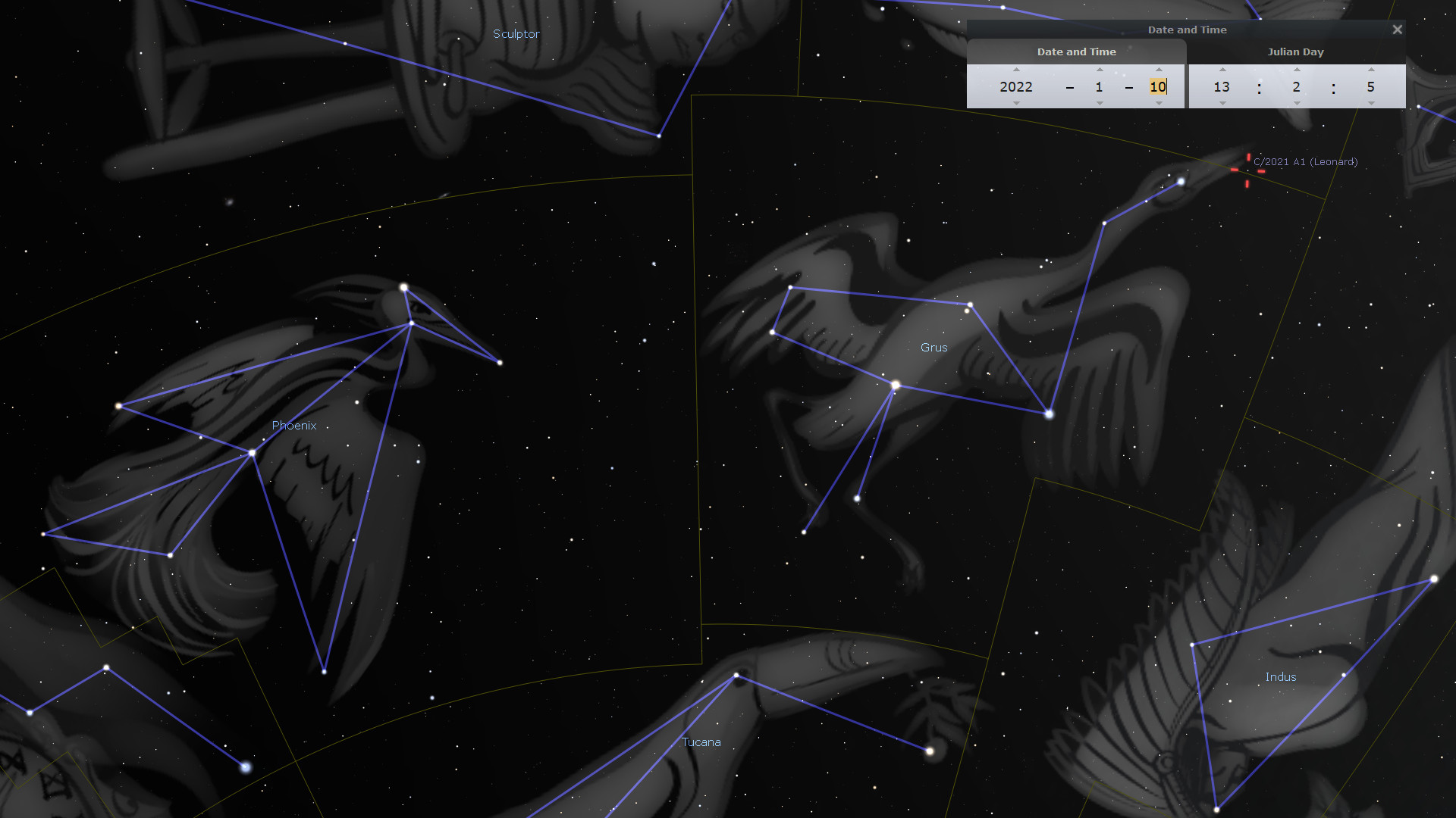 A digital star map featuring constellations depicted with lines connecting bright stars against a dark sky, labeled with names such as Phoenix, Grus, and Tucana. Additional astronomical elements include a tool panel showing date and time settings.