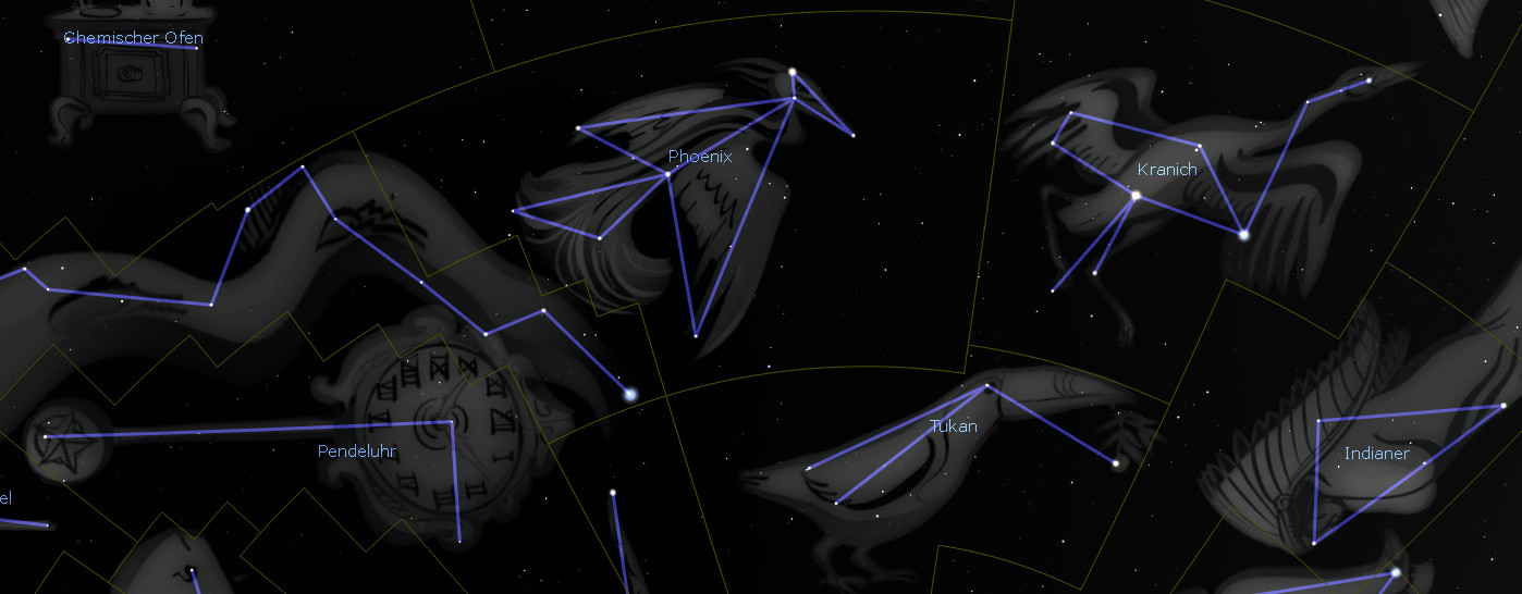 Ansicht verschiedener Sternbilder illustriert mit blauen Linien vor einem dunklen Himmel, darunter leicht abstrakte Darstellungen des Phönix, des Kranichs und des Indianers. Gelbe Gitterlinien deuten auf die Unterteilungen im Himmel hin, die an die Positionierung der Mazzaroth erinnern.