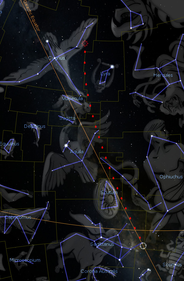 A detailed celestial map displaying a variety of constellations against a dark starry sky. The constellations are outlined and connected by lines, with names such as Cygnus, Lyra, and Hercules clearly labeled. Bright stars are marked within each constellation, enhancing the visual connectivity among them.