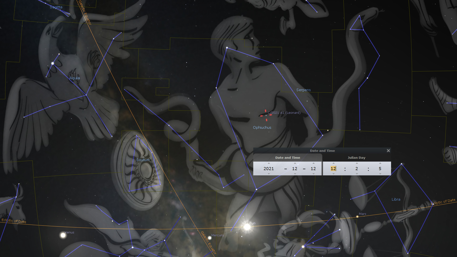 A digital representation of the night sky with constellation lines drawn over illustrations of mythological figures and astronomical bodies. Celestial bodies such as Venus, Mars, Mercury, and the Sun are labeled, along with labeled constellations, including Ophiuchus and Aquila, over a dark star-filled background. A date and time panel shows December 12, 2021.