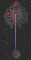 An artistic depiction of a celestial scepter under a starlit sky. The scepter features engravings of symbols akin to an ancient Mesopotamian understanding of the Mazzaroth, interwoven with red question marks emphasizing elements of mystery and inquiry about the universe.
