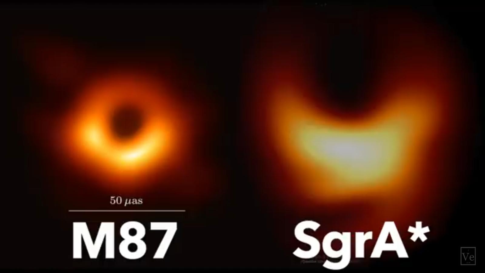 Two separate images of black holes, M87 on the left and Sagittarius A* on the right, displayed side by side. Both black holes are shown as bright, glowing rings of orange and yellow light surrounding darker centers against a black background.