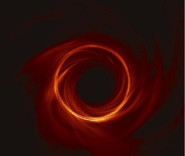 A digital representation of a celestial whirl, with hues of fiery red and deep black, evocative of the swirling Mazzaroth in the night sky.