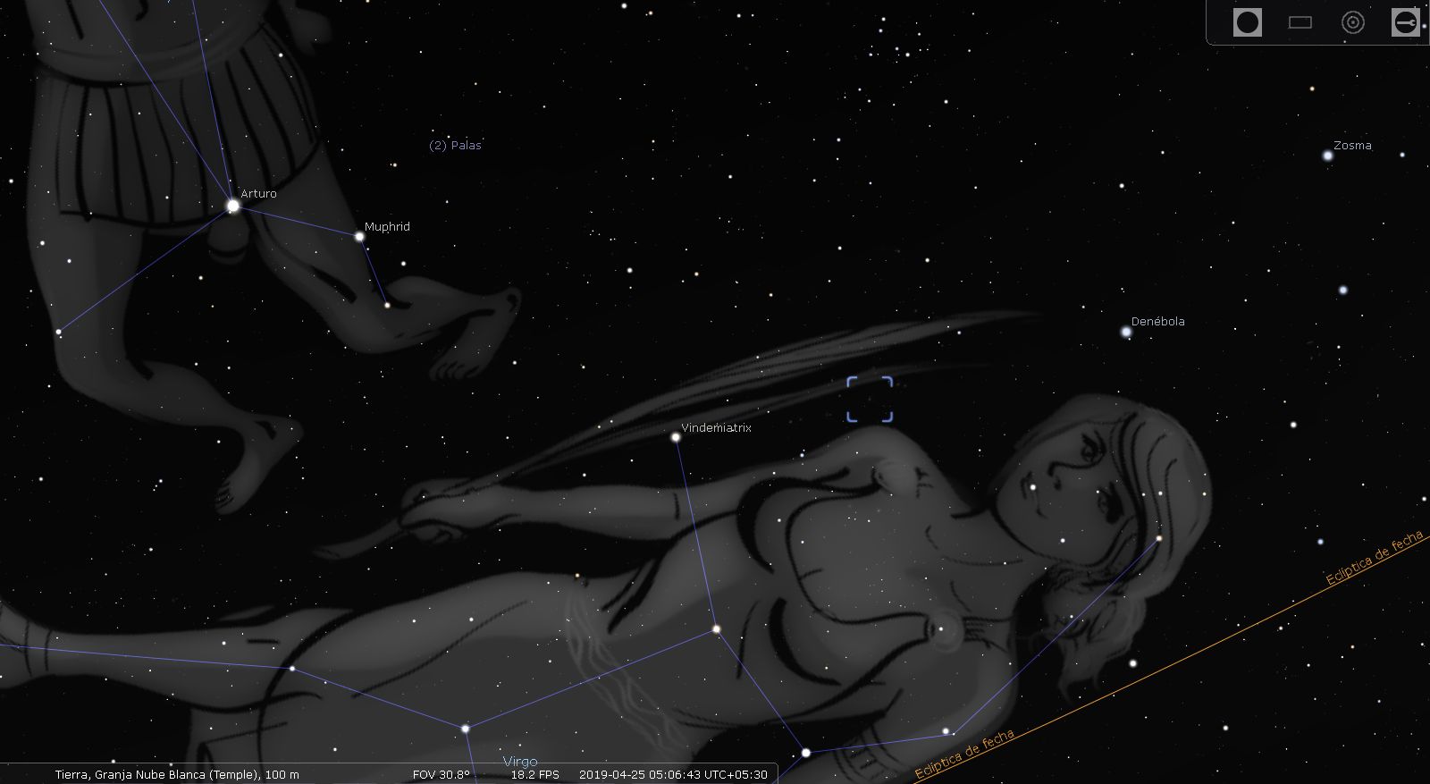Ilustración digital de la constelación bíblica Mazzaroth Virgo, mostrando una representación artística de una figura femenina yacente con estrellas ubicadas en puntos claves para representar su forma. Aparecen nombres de estrellas y coordenadas astronómicas.