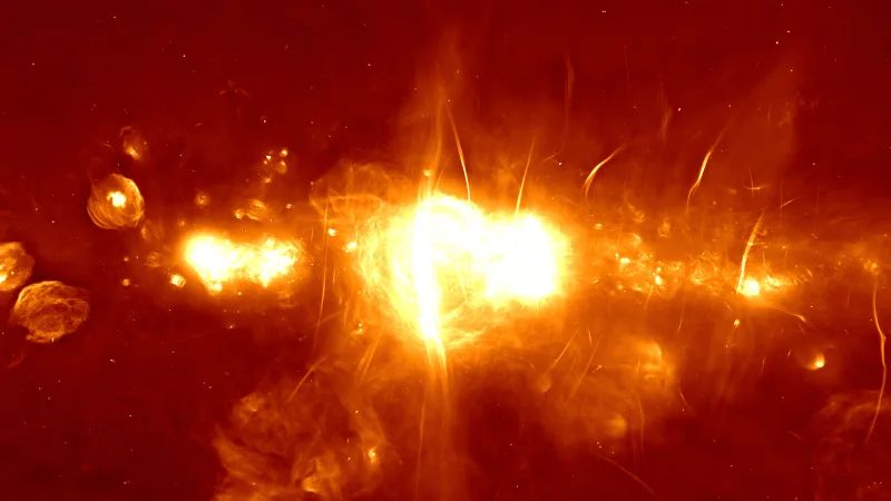 A vibrant astronomical phenomenon featuring intense golden light and fiery textures, resembling a celestial event in space.