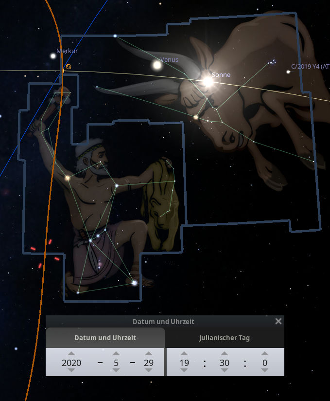 Illustration eines astronomischen Bildes mit eingefügten Bildern von Merkur, Venus und der Sonne verbunden durch Linien, die eine Figur aus der Mazzaroth darstellen. Das Bild zeigt auch Datum und Zeitangaben in einer Informationsbox unten.