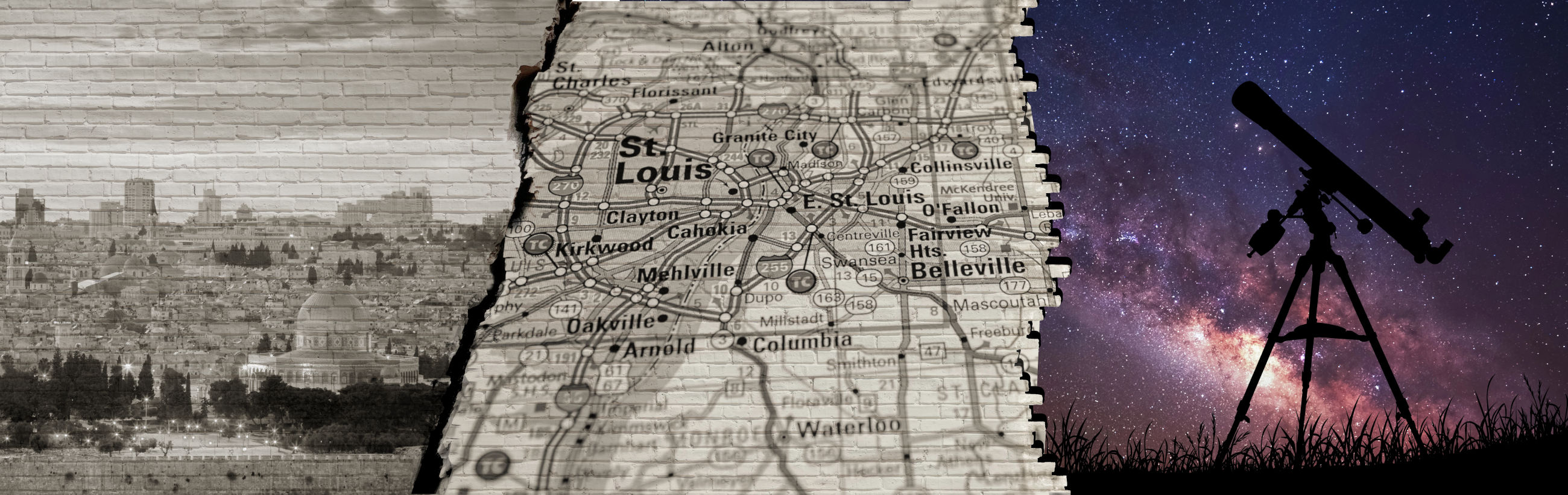 A collage image transitioning from a brick-textured monochrome cityscape to an old map of the St. Louis region, leading to a dark field with a silhouetted telescope pointing toward a vibrant celestial region in the night sky, filled with stars and nebulae.