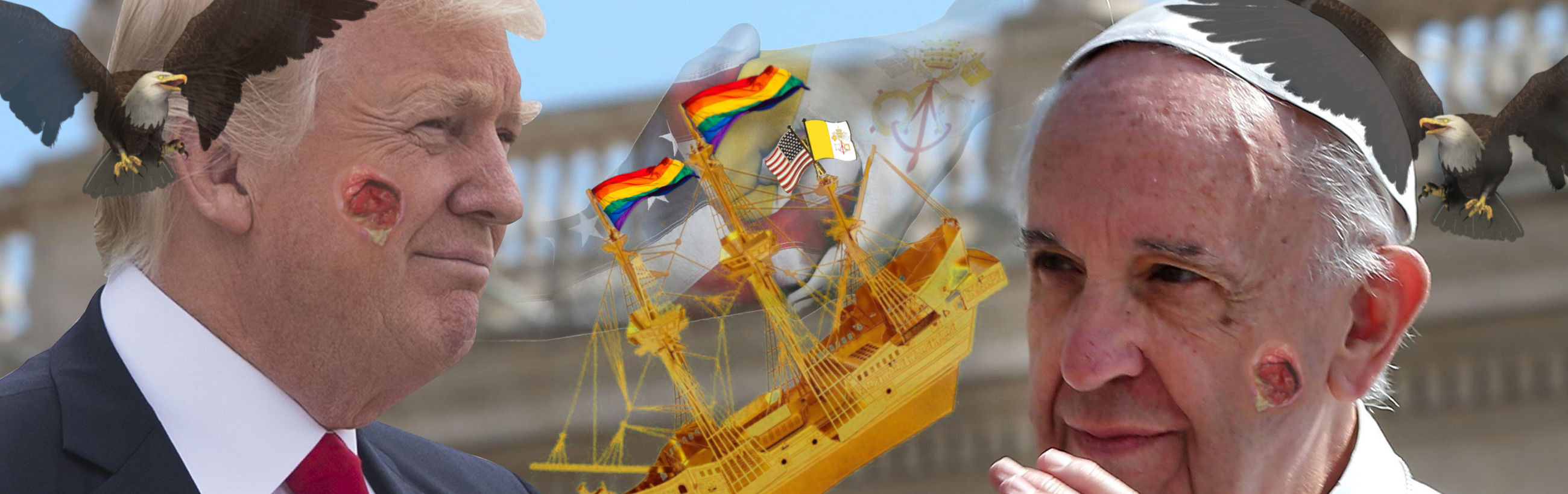 Composite image featuring three men in close-ups, varying backgrounds blend seamlessly from one to another. An eagle is superimposed over each man's head, symbolizing power and authority. In the middle section, an overlay of colorful shipping elements and flags suggest themes of global commerce and diversity.