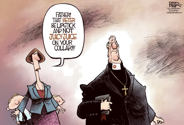 A cartoon depicting a woman holding two children while confronting a priest. She appears agitated as she points at a red mark on the priest's collar, while he remains composed holding a book close to his chest.