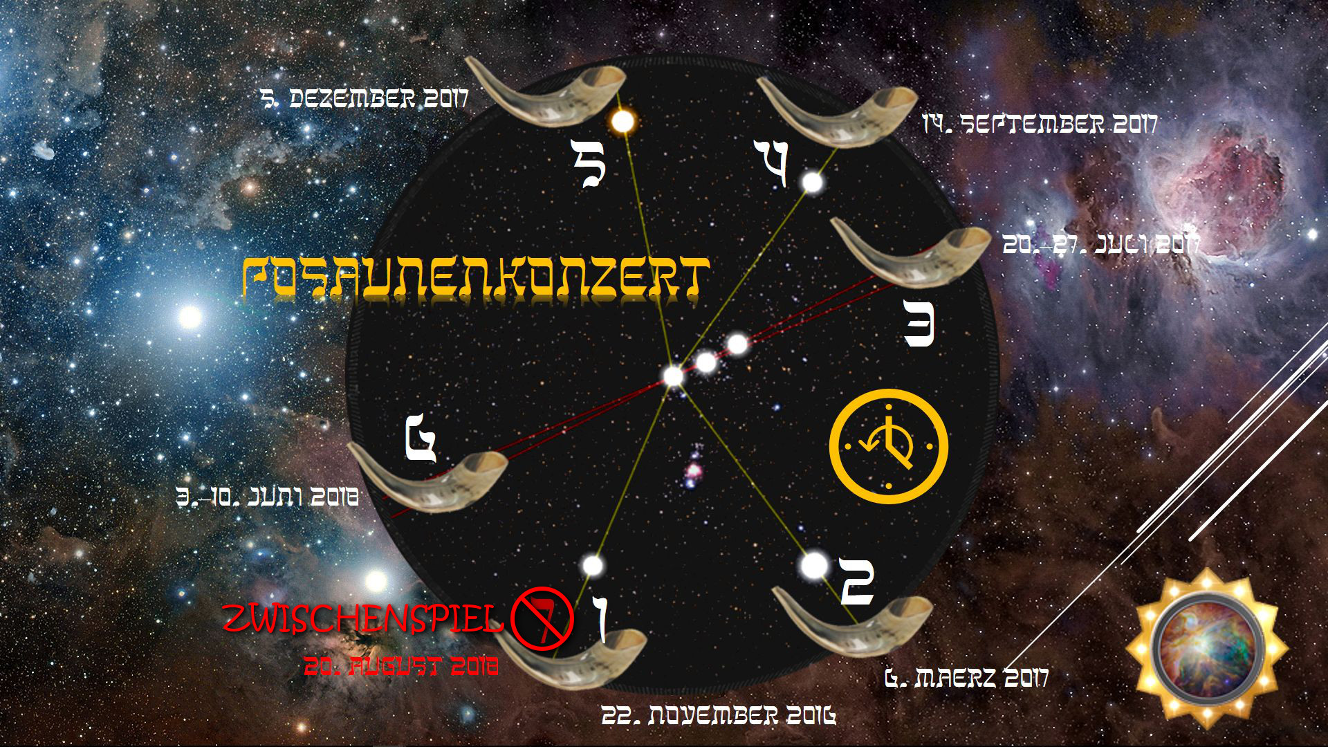 Ein digitales Bild zeigt Hintergrund einer Sternenkonstellation mit verschiedenen Himmelskörpern, überlagert von grafischen Elementen und Datumsangaben zu Veranstaltungen, die in den Jahren 2016 bis 2018 stattfinden. Acht Hörner sind an den Rändern platziert und sind durch Linien mit Sternen verknüpft, die symbolische Darstellungen im Kontext der Mazzaroth sind. Markante gelbe Texte verkünden 'Posaunenkonzert' und 'Zwischenspiel', andere Textelemente benennen spezifische Daten.
