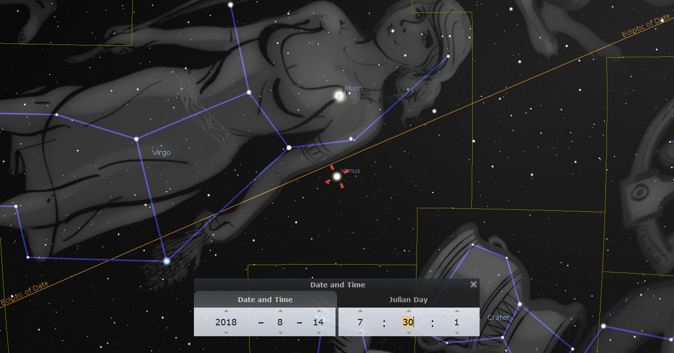 A digital astronomical illustration showing a constellation from the Mazzaroth, often associated with a maiden, depicted as a woman lying down. Highlighted stars form a pattern overlaid on the figure, connected by blue lines. Bright celestial bodies including the Moon and the planet Venus are clearly labeled. A graphical interface displays celestial coordinates and a date selection tool for August 14, 2018.