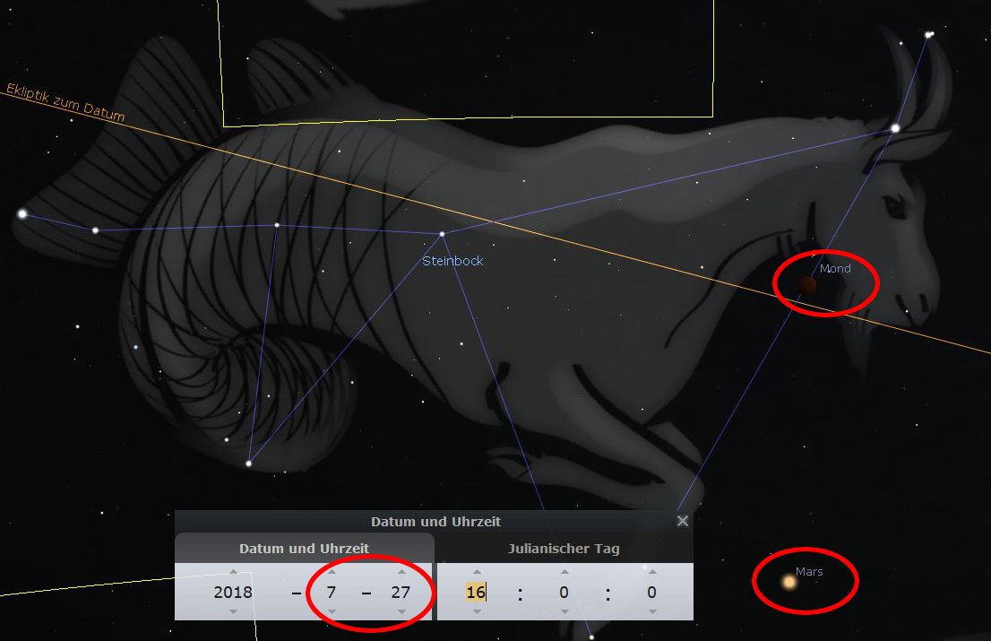 Grafische Darstellung eines Sternbilds, ähnlich einem Stier, in Konjunktion mit verschiedenen Himmelskörpern wie Mond und Mars, überlagert von Linien, die astronomische Konzepte wie die Ekliptik darstellen, mit Datums- und Zeitangaben des Julianischen Kalenders.