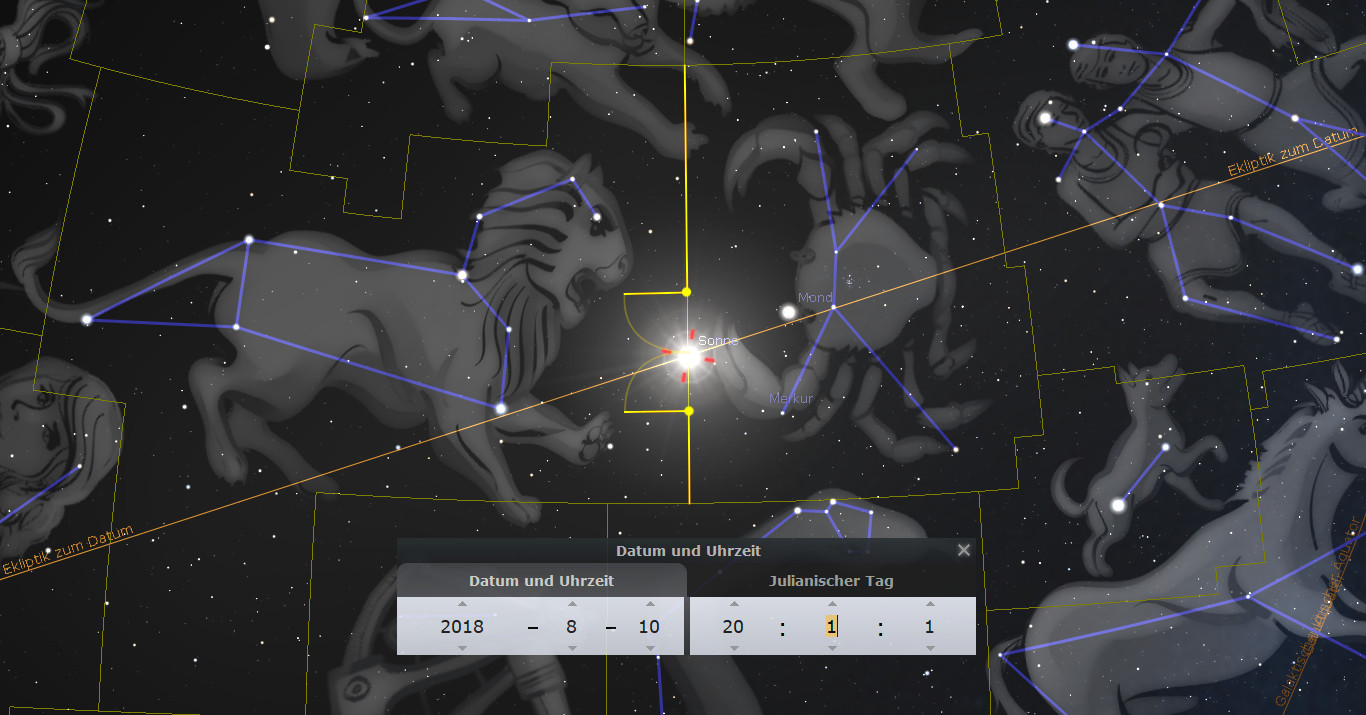 Astronomische Darstellung mit Abbildungen aus der Mazzaroth, darunter Ein Löwe und ein Krebs, verbunden durch blaue Linien, die ihre Hauptsterne verbinden. Im Zentrum sind die Sonne und der Planet Merkur, umgeben von weiteren Sternenbildern auf einem schwarzen Hintergrund.