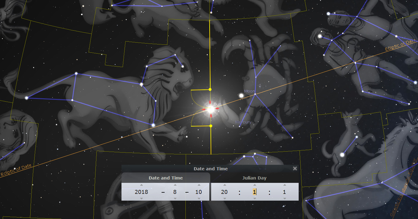 An astronomical program screen showing stellar configurations against the backdrop of a dark sky map with star mappings delineated by lines. Several celestial bodies including the Sun and Mercury are marked, as well as key celestial lines like the ecliptic. The foreground displays a date and time interface for August 10, 2018.
