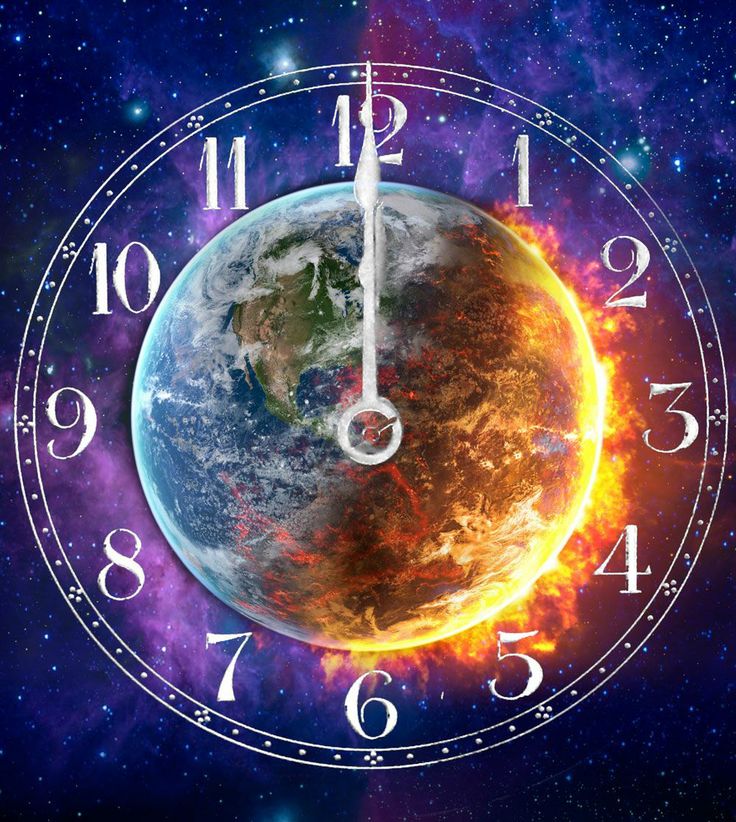 An artistic depiction of a divided Earth with one half vibrant and life-like, and the other half fiery and barren, all set against a cosmic backdrop of stars and nebulae. The Earth is encircled by a white circular band with numbers from one to twelve, similar to a clock, connected by a celestial clock hand pointing at twelve.