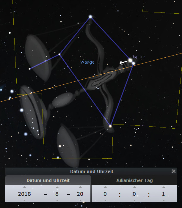 Digitales Sternbild, das die Position von Jupiter anzeigt, umgeben von zahlreichen Sternen und Galaxien. Der Planet ist durch einen Pfeil gekennzeichnet und befindet sich nahe einem markanten Sternmuster, das einem Waagbalken ähnelt. Die Grafik umfasst ein Datum: 20. August 2018.