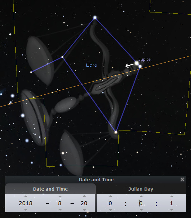 A digital representation of a celestial constellation from the Mazzaroth, depicted as a set of scales. The constellation is marked by blue lines and includes the planet Jupiter indicated by an arrow. The backdrop is a starry sky with various smaller and larger stars visible. A yellow horizontal line spans the image, with a simulation toolbar showing '2018-8-20' and 'Julian Day 1' at the bottom.