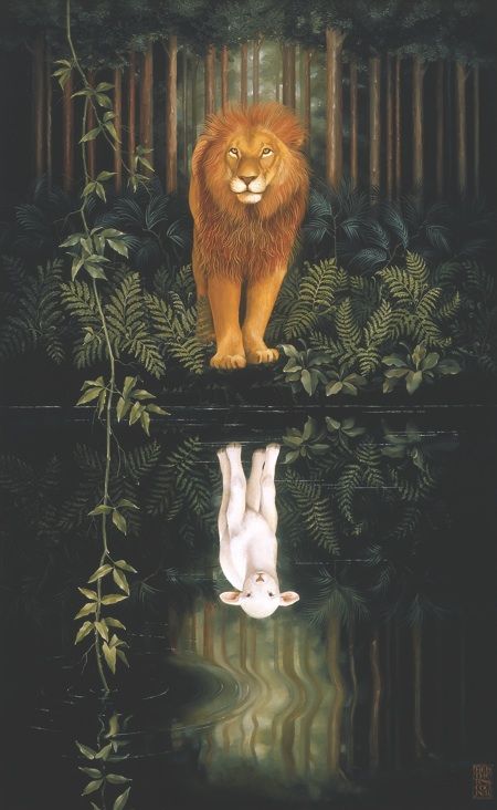 A serene painting featuring a majestic lion standing at the edge of a reflecting pool surrounded by dense jungle foliage. Its reflection in the water reveals a pure white lamb, creating a powerful contrast and symbolic imagery with a dense forest backdrop.