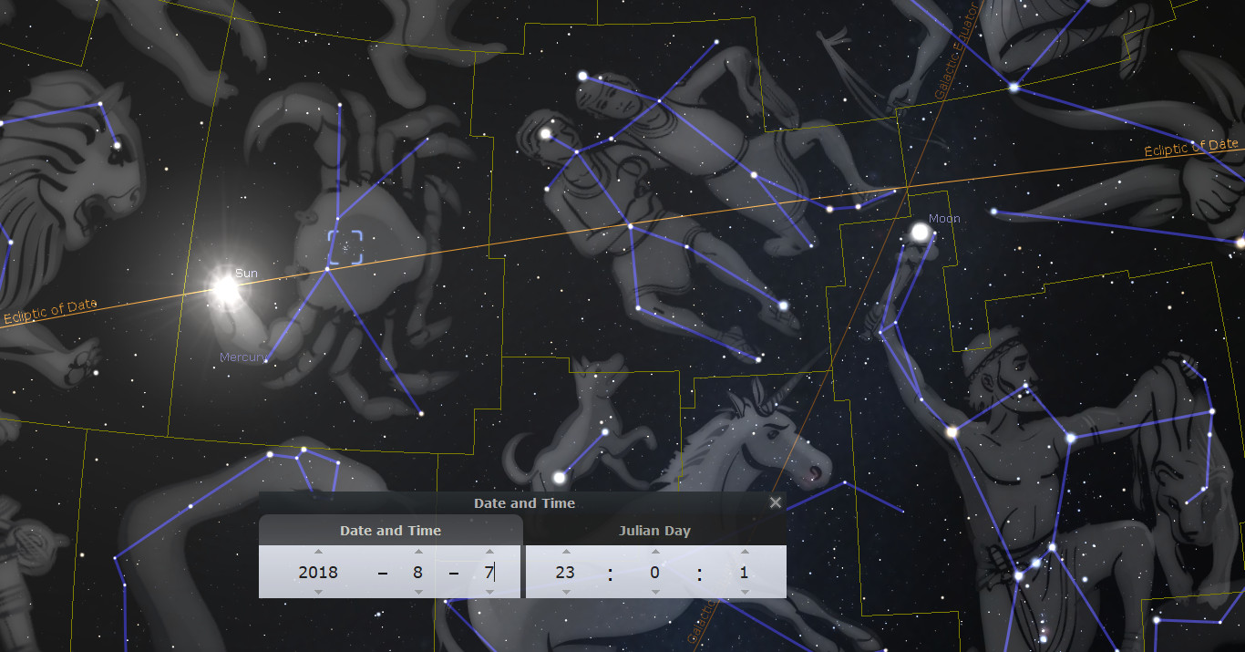 A detailed depiction of a celestial map showing various constellations, highlighted with connecting lines against a dark, star-filled sky. Prominent celestial bodies such as the Sun and Moon are vividly illustrated. The constellations corresponding to the Mazzaroth are intricately represented by symbolic imagery. Overlay grids and labels provide astronomical information alongside a user interface displaying date and time for celestial observations.