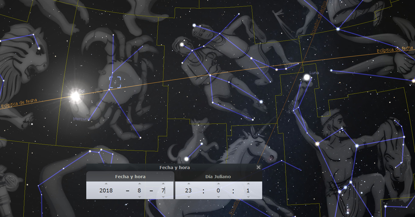 Imagen representando un mapeo celestial con ilustraciones monocromáticas de figuras relacionadas con el Mazzaroth, conectadas por líneas que forman constelaciones. Incluye etiquetas para el Sol, Mercurio y la Luna, y líneas que marcan la eclíptica. La imagen también muestra una interfaz de usuario con la fecha y hora específicas.
