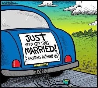Illustration of a blue vintage car driving on a road, viewed from the rear. The car has a humorous bumper sticker reading "Just keep getting married! (5 marriages between us)". Lush green grass borders the road and a serene sky with fluffy clouds rests above.