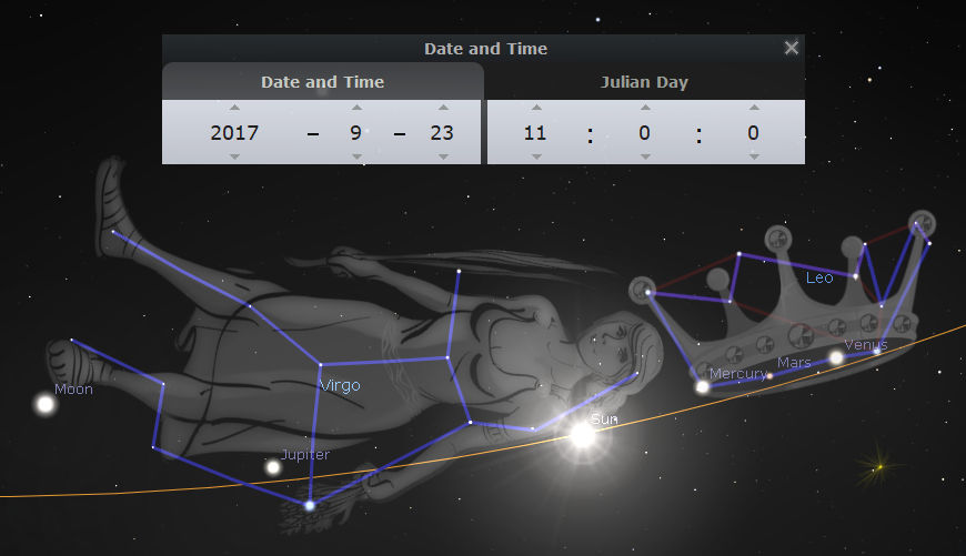 A digital illustration showing a night sky with celestial configurations. Two main constellations are visible, connected by blue lines to depict their shapes; one resembles a woman and the other a lion. Key celestial bodies like the Sun, Moon, Mercury, Mars, Jupiter, and Venus are marked and labeled. A panel indicating the date and time reads September 23, 2017, at 11:00 Julian Day.
