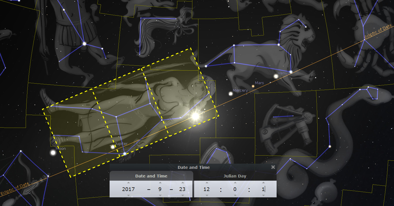 Astronomical software display showing a starry sky mapped with various constellations outlined in both structural lines and artistic illustrations. The constellation Virgo is highlighted with a yellow dashed boundary. Visible planets include Jupiter, Mercury, Mars, Venus, and the Moon. A panel at the bottom shows date and Julian day, indicating September 23, 2017.