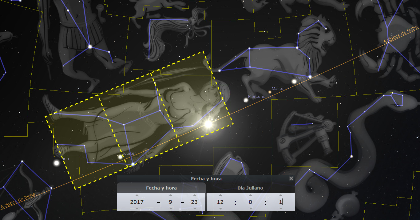 Imagen digital que muestra un mapa estelar con constelaciones, donde destaca una de las configuraciones del Mazzaroth dentro de un rectángulo amarillo punteado. Se visualizan varios cuerpos celestes, incluyendo el Sol, la Luna, Mercurio, Marte, Júpiter y Venus, marcados con sus nombres. En la parte inferior se muestra información de fecha y hora del 23 de septiembre de 2017.