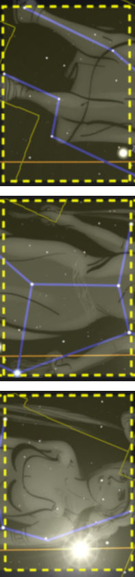 A vertical triptych of images depicting constellations in a night sky, represented by connected blue lines against a starry backdrop. Each frame focuses on a unique constellation layout associated with figures traditionally recognized in the Mazzaroth.
