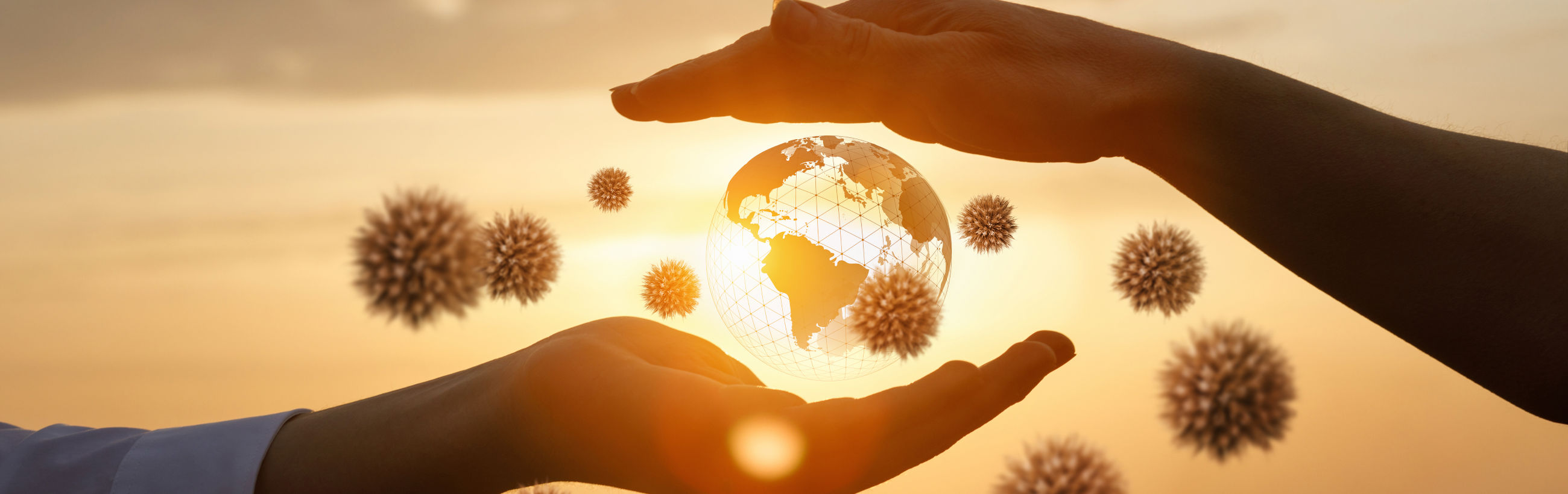 Two human hands framing a glowing transparent globe, suspended in the air, encircled by spherical objects resembling seeds at sunset. The setting highlights themes of global health and protection.