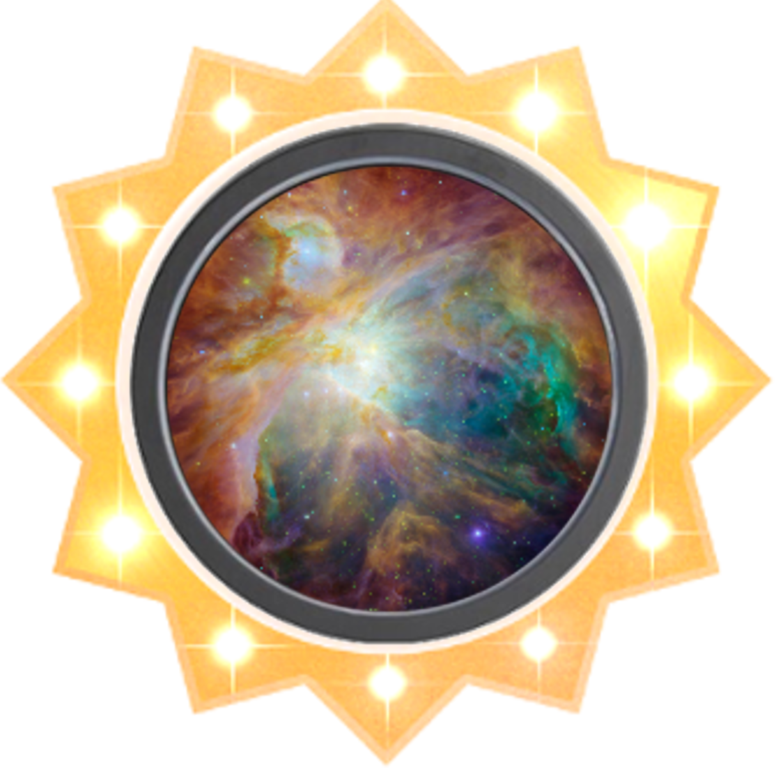 A vibrant nebula image encased in a circular frame, surrounded by a stylized star with shining points on a background featuring geometric color blocks.