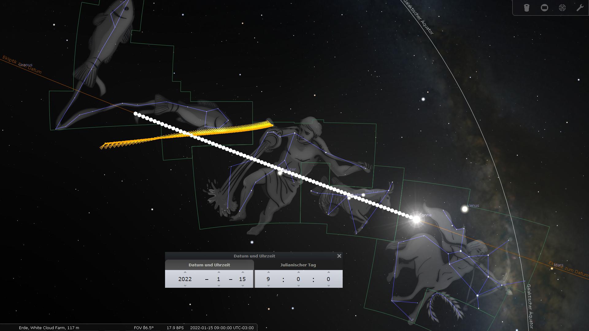 Astronomische Darstellung zeigt einen Sternenhimmel mit schematischen Darstellungen zweier Figuren, die Teile des Mazzaroth repräsentieren, verbunden mit markanten Linien zwischen sichtbaren Sternen. Die Szene wird ergänzt durch visualisierte Bahnen von Himmelskörpern sowie etikettierte Positionen verschiedener Planeten.