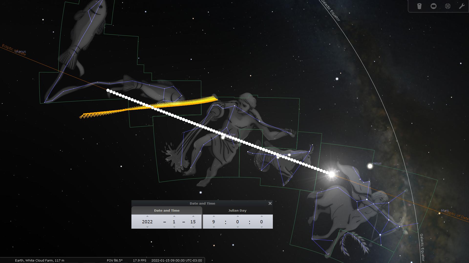 An astronomical visualization depicting two constellations, one resembling a fish and another representing a human figure with a bow, superimposed over the night sky. The scene includes pathways of planets such as Venus and Mars through these constellations, with annotations such as "ecliptic of Uranus" and dotted lines indicating other celestial paths and boundaries.