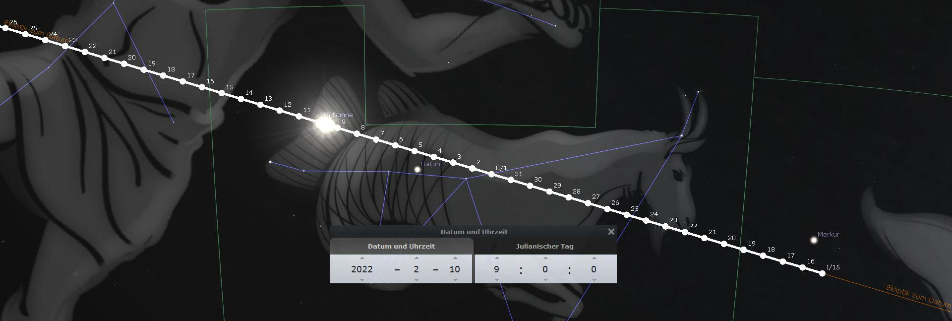 Ein astronomisches Bild, das eine künstlerische Darstellung von Himmelskörpern und Sternen einschließlich der Sonne und des Planeten Saturn zeigt. Die Grafik beinhaltet auch numerische Elemente und Linien zur Markierung der scheinbaren Bewegung der Himmelskörper, sowie Datums- und Zeitangaben.