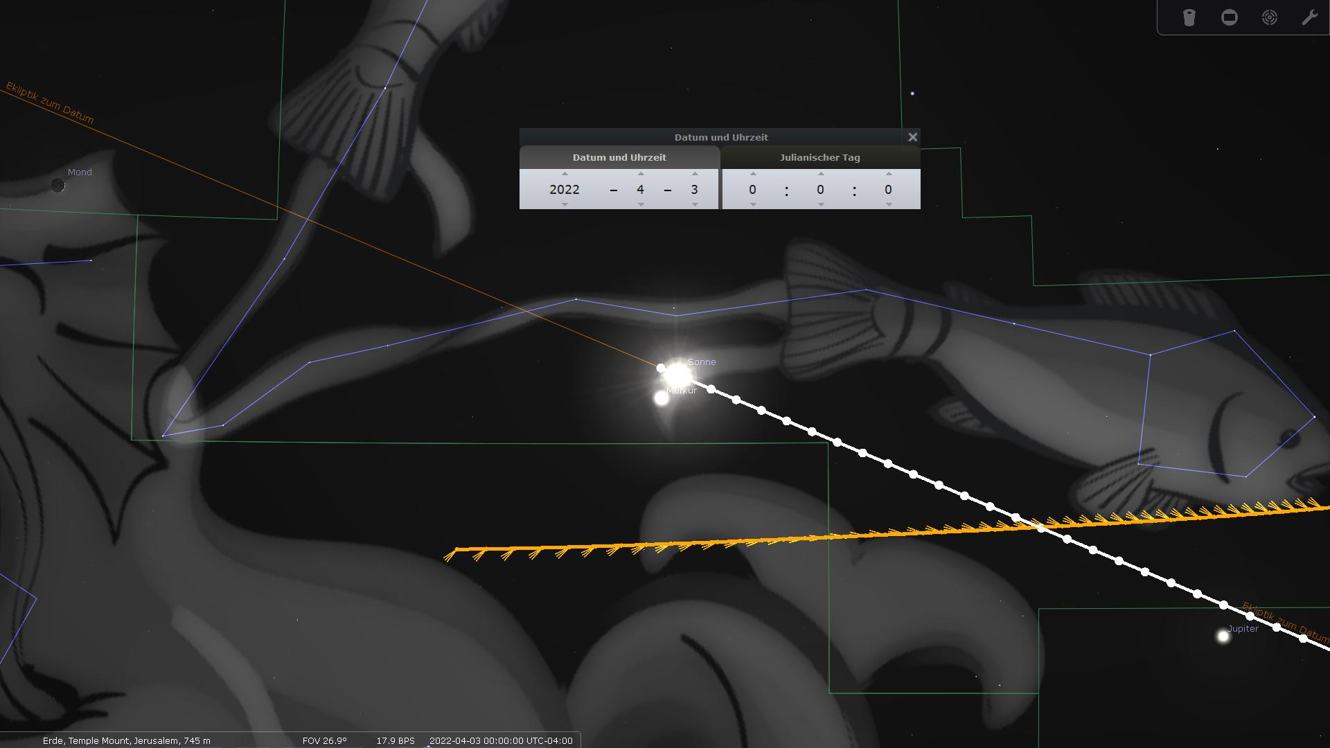Ein astronomisches Diagramm zeigt die Ausrichtung verschiedener Himmelskörper am Himmel. Zentral ist die Sonne, umgeben von Linien, die deren Bewegung und die anderer Objekte wie Mond und Jupiter angeben. Grafische Elemente stellen spezifische Daten und Uhrzeiten dar, und eine Silhouette stellt einen Teil der Mazzaroth dar.