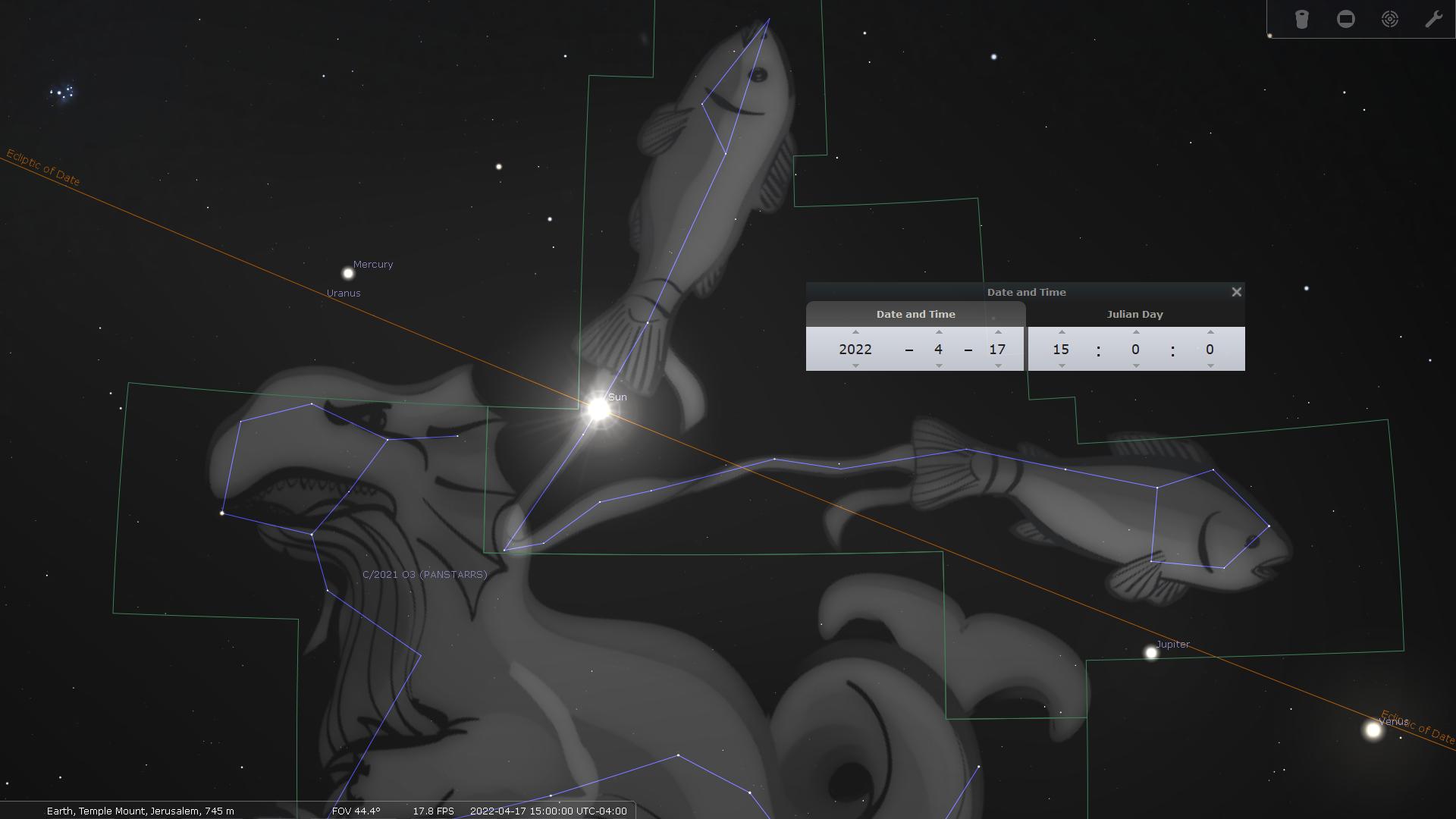 A digital astronomical illustration depicting a cluster of stars formed in the shape of a large fish and a ram, under a night sky. Visual overlay lines connect individual stars to outline the figures. The sun is illustrated close to the fish's mouth, casting a bright flare. Names of planets like Mercury and Uranus are shown alongside the line denoting the ecliptic. A date and time window on the image displays April 17, 2022.