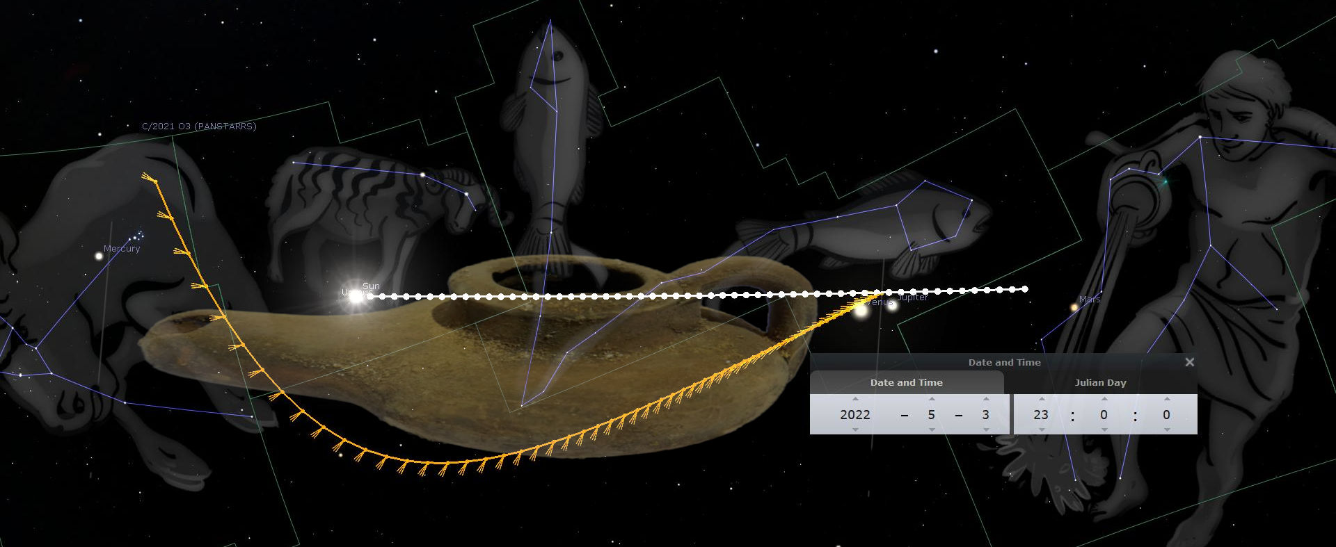 A digital astronomical illustration showing celestial positions over a starlit sky. Visible are various celestial bodies including Mercury, the Sun, Venus, and Jupiter, connected by lines forming classical representations of figures and creatures. Included are details like orbital paths and positions marked with specific dates and times.