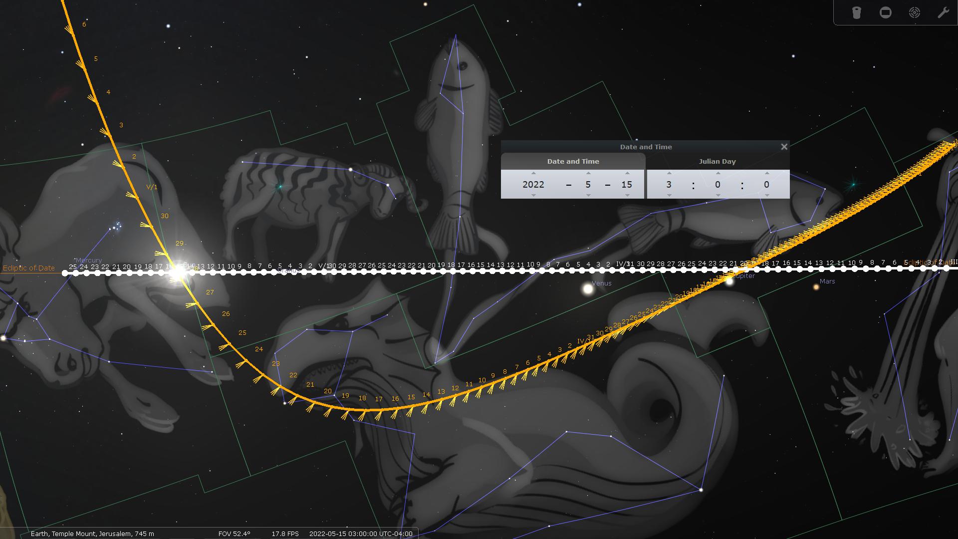 A digital astronomical chart displays several celestial figures alongside planetary positions against a starry sky, marked with practical coordinates. The sun aligns with the ecliptic, surrounded by illustrations including a large figure holding scales and another resembling a fish. Noteworthy celestial bodies such as Venus and Mars are noted, along with the Julian date and time settings.